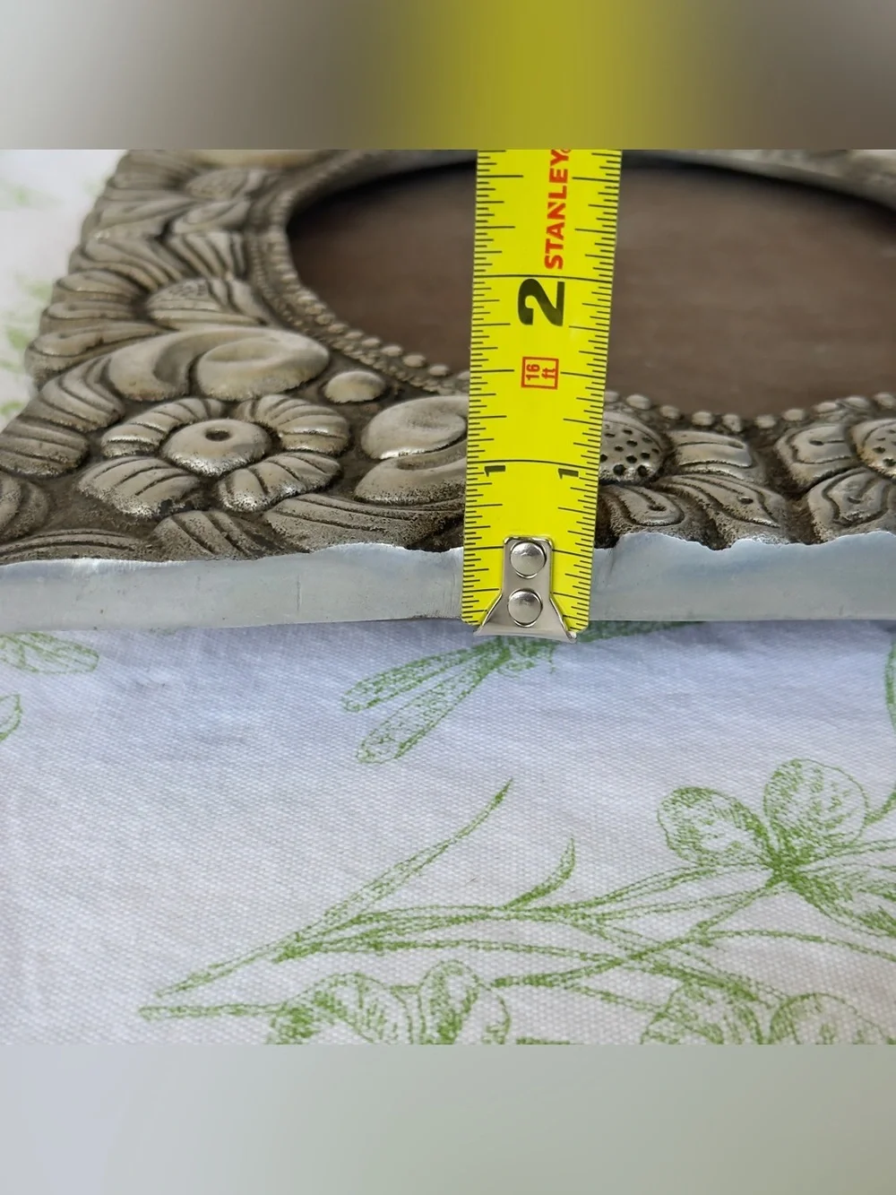 Vintage Pewter? Metal Picture Frame w Ornate Floral & Scroll Repoussé Motif